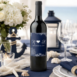 beach nautical white lace navy blue wedding wine label
