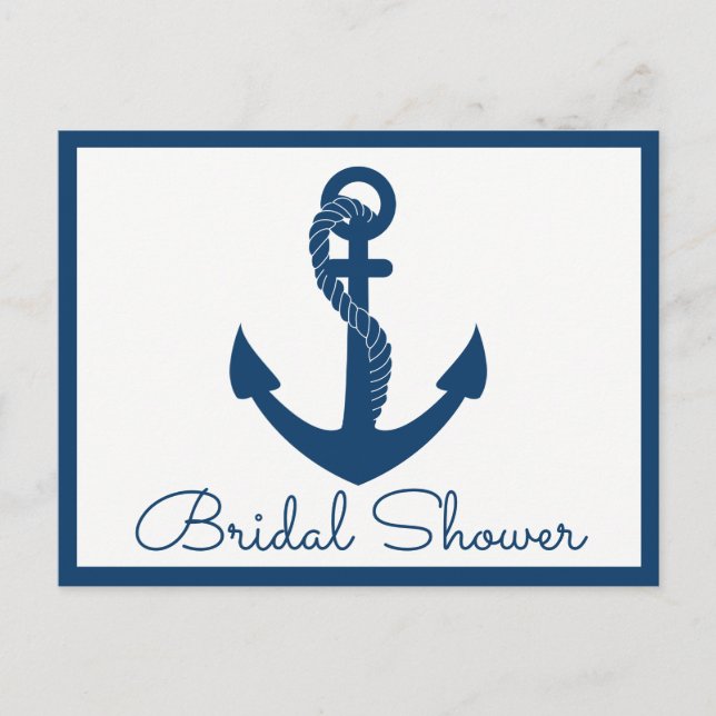 Beach Navy Blue Anchor Nautical Bridal Shower Invitation Postcard (Front)