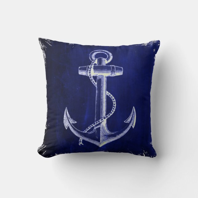 beach navy blue coastal chic nautical  anchor cushion (Front)