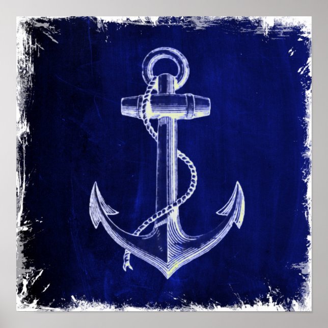 beach navy blue coastal chic nautical  anchor poster (Front)