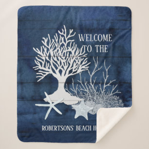 Beach Navy Blue Sea Shell Coral Starfish Family Sherpa Blanket