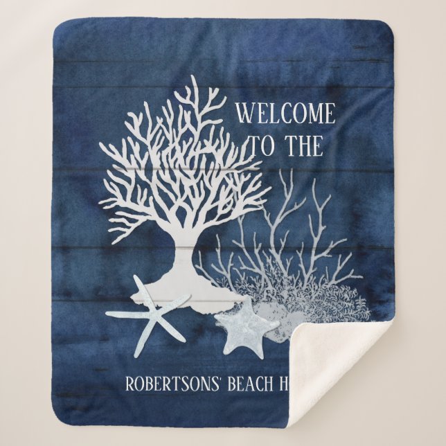 Beach Navy Blue Sea Shell Coral Starfish Family Sherpa Blanket (Front)