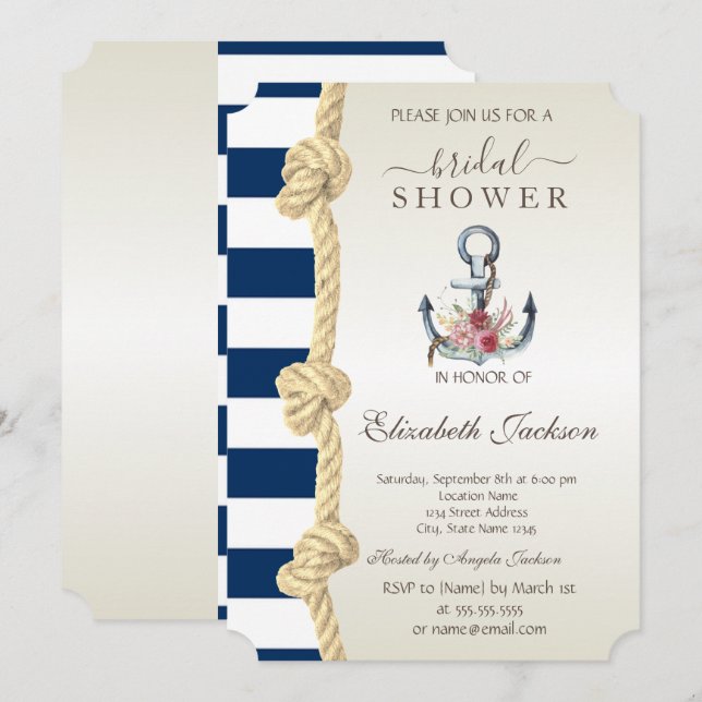 Beach,Navy Rope,Anchor Stripes  Bridal Shower  Invitation (Front/Back)