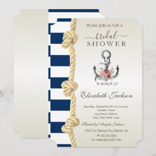 Beach,Navy Rope,Anchor Stripes  Bridal Shower  Invitation