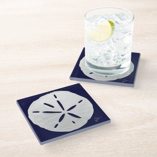 Beach Navy White Sand Dollars Coastal Glass Coaste Glass Coaster (Angled)
