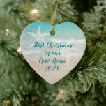 Beach New Home First Christmas Starfish Ceramic Tree Decoration<br><div class="desc">First Christmas in a tropical / beach home ornament. Heart-shaped ceramic keepsake with text on both sides. Include the event with date on one side and names and address on the other. Aquamarine sea water and beach sand is the background for dark blue text. Two starfish also decorate each side....</div>