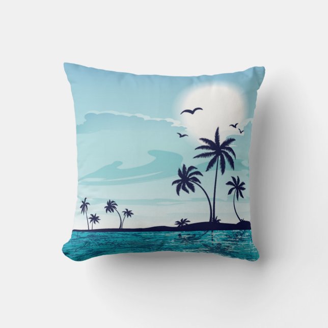 Beach Night with Moon Birds Palm Tree Ocean Cloud Cushion (Front)