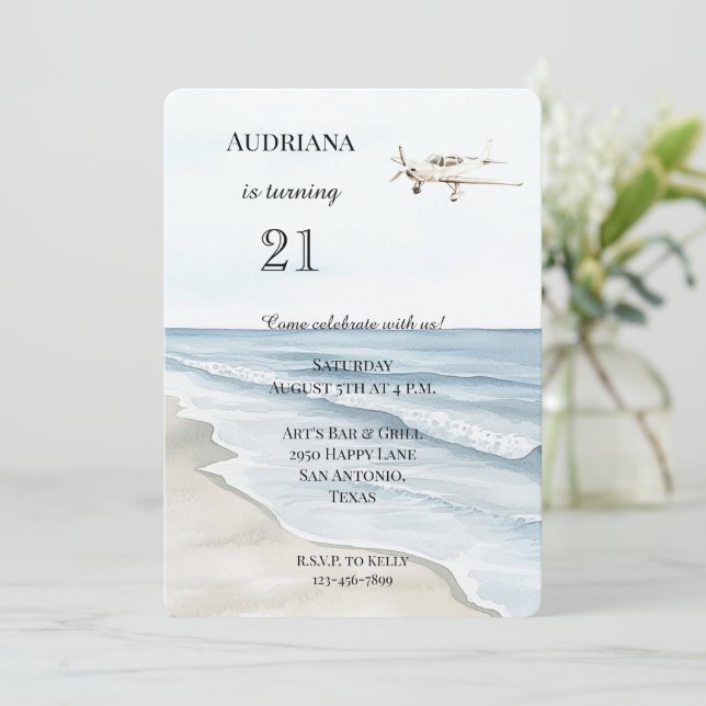 Beach Ocean Aeroplane Birthday Invitation (Standing Front)