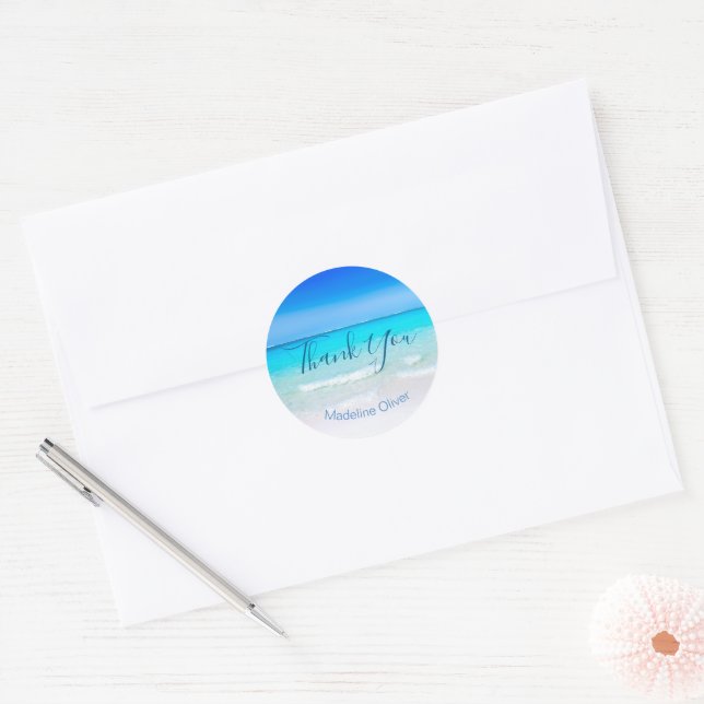 Beach Ocean Blue Sand Modern Thank You  Classic Round Sticker (Envelope)