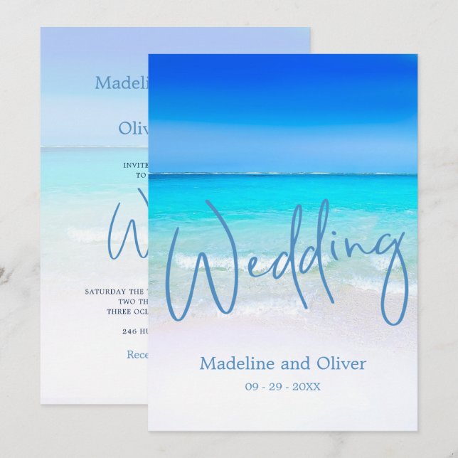 Beach Ocean Blue Sand Modern Wedding Invitation (Front/Back)