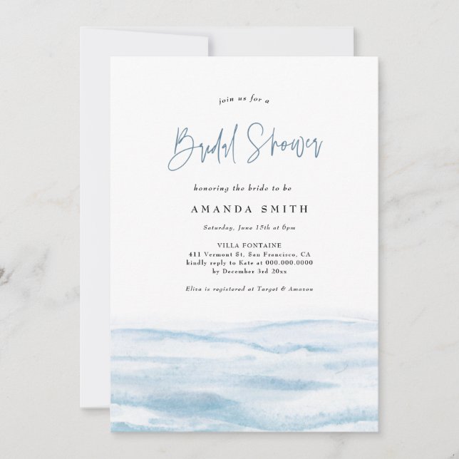 Beach Ocean Coastal Dusty Blue Bridal Shower Invit Invitation (Front)