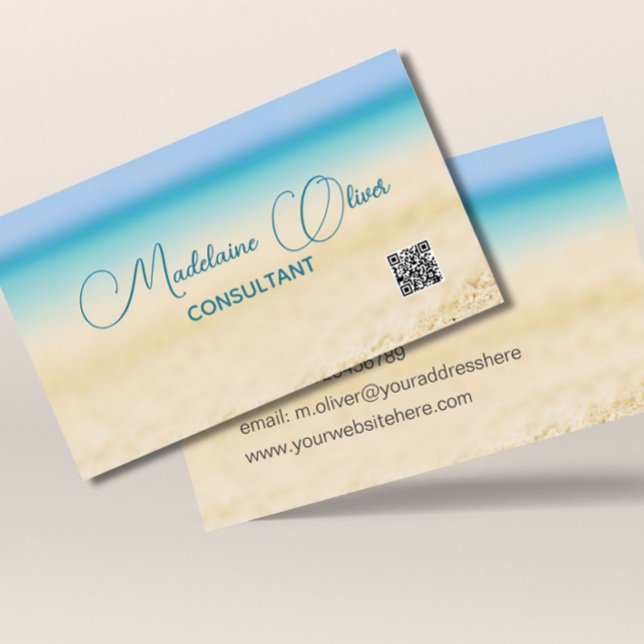 Beach Ocean Coastal QR Code Blue Modern  Business Card (Creator Uploaded)