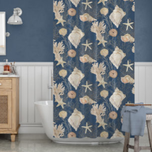 Beach Ocean Coral Starfish Navy Shell Watercolor Shower Curtain
