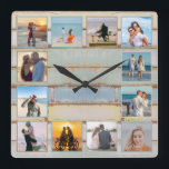 Beach Ocean Distressed Wood 12-photo Collage Photo Square Wall Clock<br><div class="desc">This nautical weathered design features a multi-colour wood plank background with space for 12 photos! Click the customise button for more flexibility in modifying/adding text and design elements! Variations of this design as well as coordinating products are available in our shop, zazzle.com/store/doodlelulu. Contact us if you need this design applied...</div>