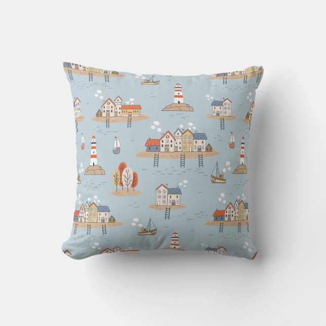 Beach Ocean Lighthouse Pattern Cushion (Front)