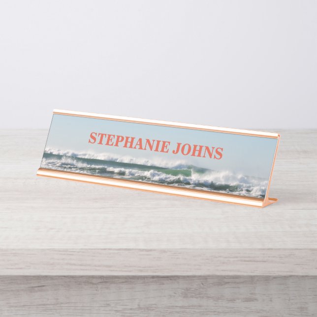 Beach Ocean Monogrammed Name Water Blue Orange Desk Name Plate (Front)