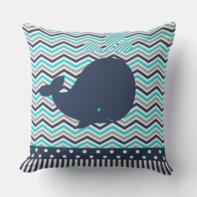 Beach Ocean Nautical Blue Whale Chevron Outdoor Cushion (Front)