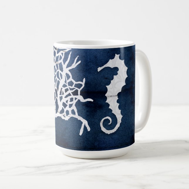 Beach Ocean Navy Blue White Seahorse Coral Wood Coffee Mug (Front Right)
