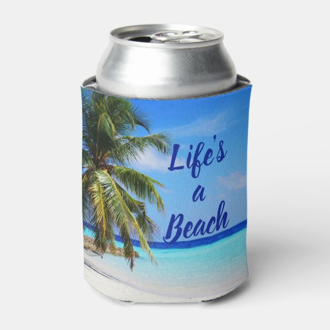 Beach ocean Palm tree Life is a beach Can Cooler (Can Front)