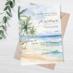 Beach ocean palm trees wedding invitation