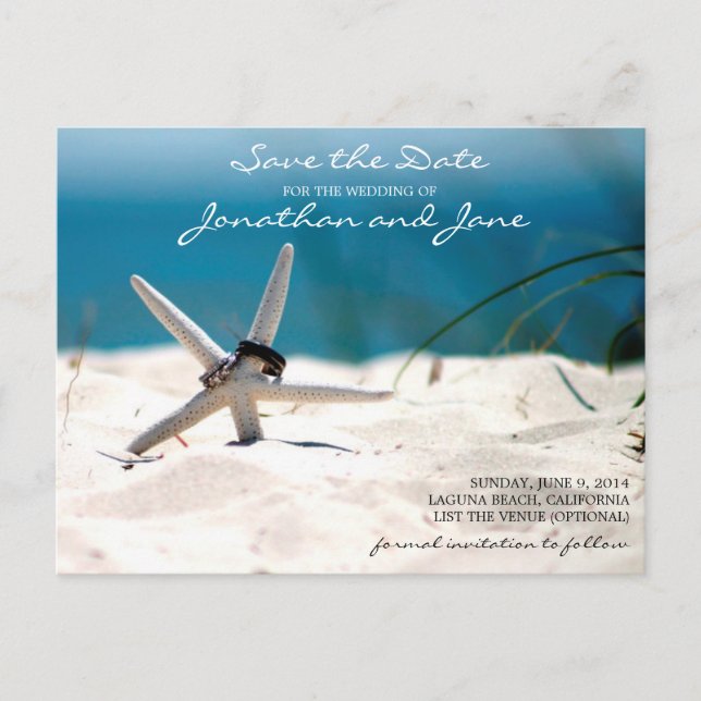 Beach Ocean Rings Starfish Wedding Save the Date Announcement Postcard (Front)