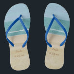 Beach Ocean Sand Bride Wedding Flip Flops<br><div class="desc">These beach scene flip flops are ready for the bride on her wedding day. They feature a pretty painting of sand,  ocean,  and sky,  and each shoe has a placeholder for the wedding date.</div>