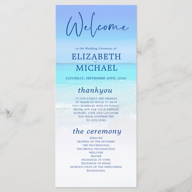 Beach Ocean Sea Blue Tropical Summer Wedding Programme (Front)