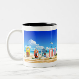 Beach Ocean Sea Sand Sun Landscape Huts Fishing. Two-Tone Coffee Mug