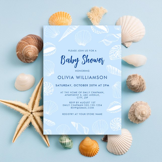 Beach Ocean Sea Shells Boy Baby Shower Invitation (Baby blue seashell baby shower invitation for beach ocean nautical theme mom to be celebrations)