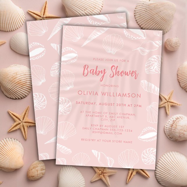 Beach Ocean Sea Shells Girls Baby Shower Invitation (Pink seashell ocean baby shower invitation.)