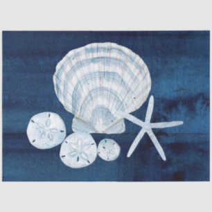 Beach Ocean Sea Shells Starfish Navy Blue White Tissue Paper
