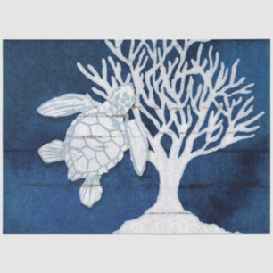 Beach Ocean Sea Turtle Coral Navy Blue White Wood  Tissue Paper