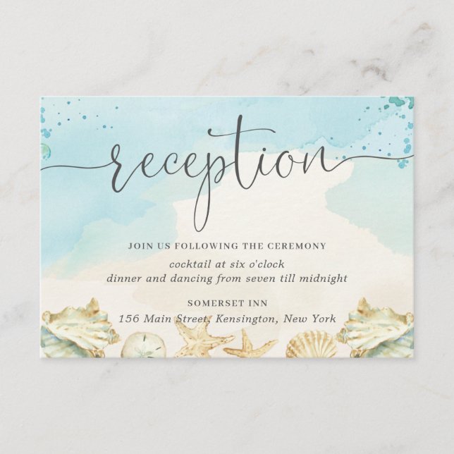 Beach Ocean Shells Destination Wedding Reception Enclosure Card (Front)