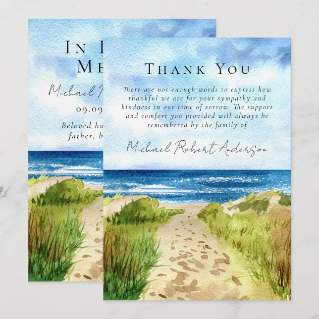 Beach Ocean Tribute Sympathy Funeral  Thank You Card (Front/Back)