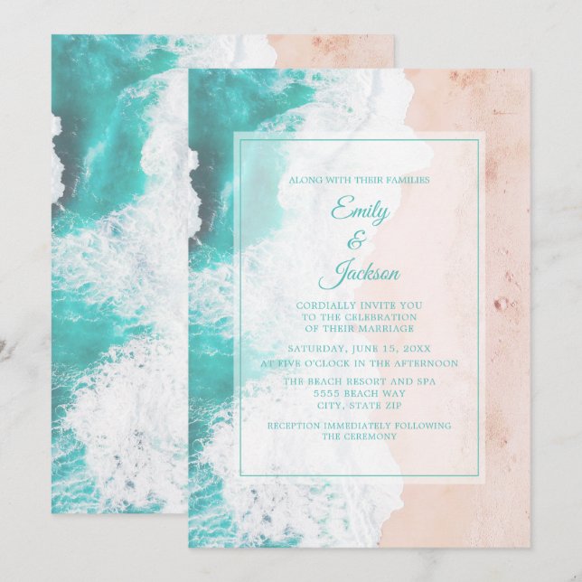 Beach Ocean Tropical Teal White Brown Wedding #1 Invitation (Front/Back)