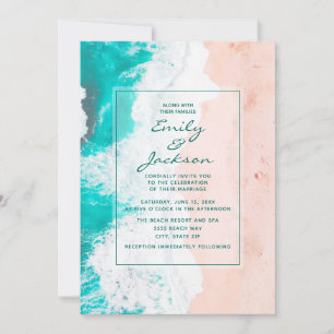 Beach Ocean Tropical Teal White Brown Wedding Invitation
