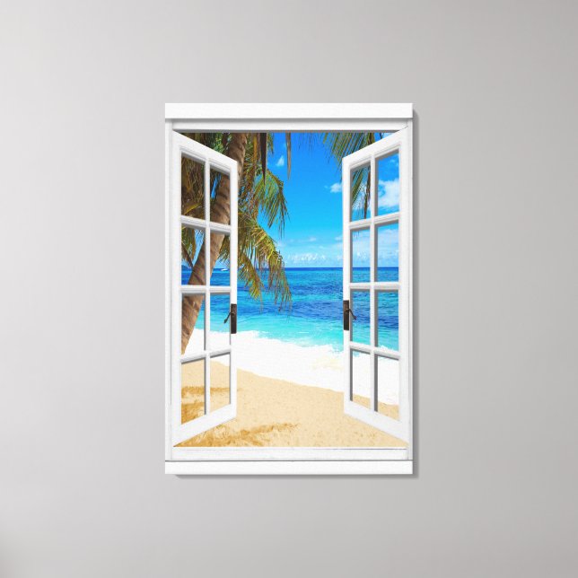 Beach Ocean View Faux Window Canvas Print (Front)