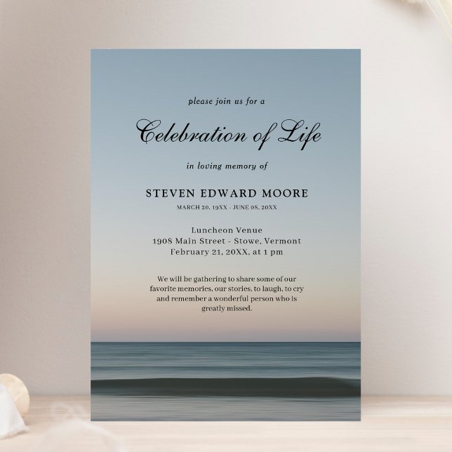 Beach Ocean Water Celebration of Life Grey Blue In Invitation (Ocean Celebration of Life Invitation)