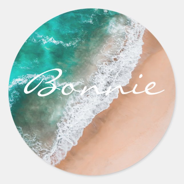 Beach ocean water on seashore sand tropical summer classic round sticker (Front)