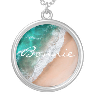 Beach ocean water on seashore sand tropical summer silver plated necklace