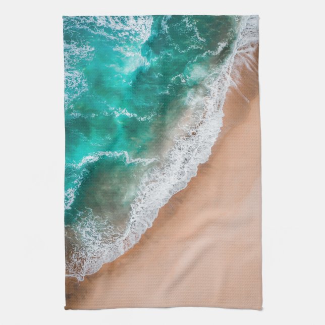 Beach ocean water on seashore sand tropical summer tea towel (Vertical)