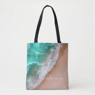 Beach ocean water on seashore sand tropical summer tote bag