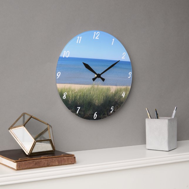Beach Ocean Water Sky Blue Green Shore Scenic Cute Large Clock (Office)