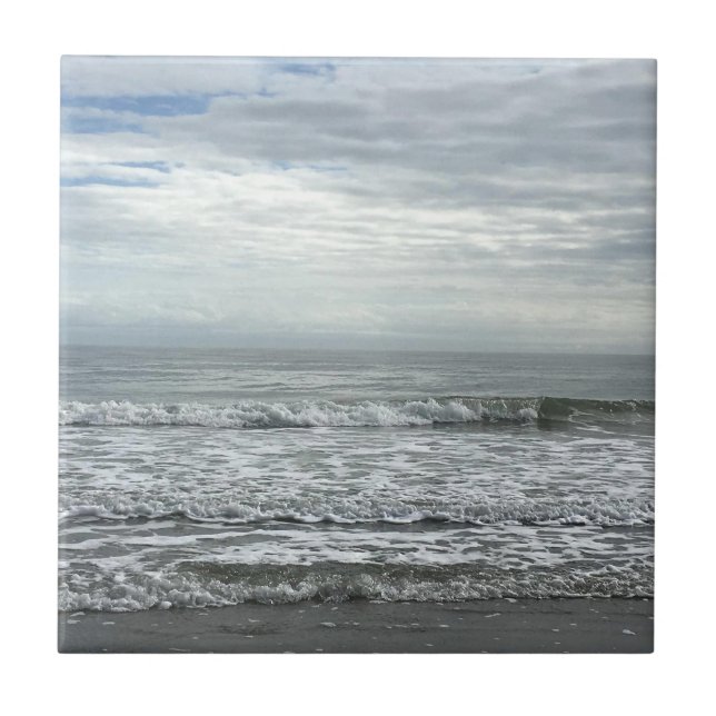 Beach Ocean Water Sky Blue White Grey Cute Coastal Tile (Front)