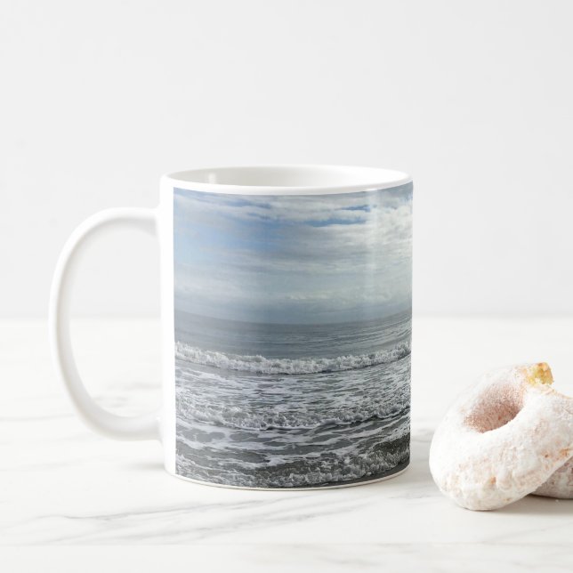 Beach Ocean Water Sky Blue White Grey Wave Coastal Coffee Mug (With Donut)