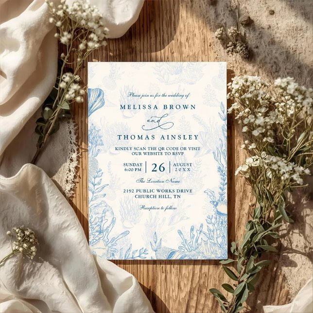 Beach Ocean Watercolor Elegant QR Code Wedding Invitation (Creator Uploaded)