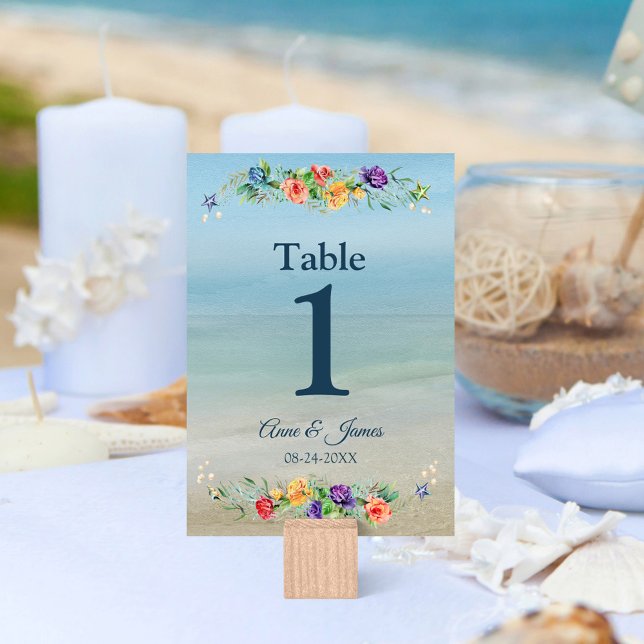 Beach Ocean Watercolor Floral Wedding Table Number (Creator Uploaded)