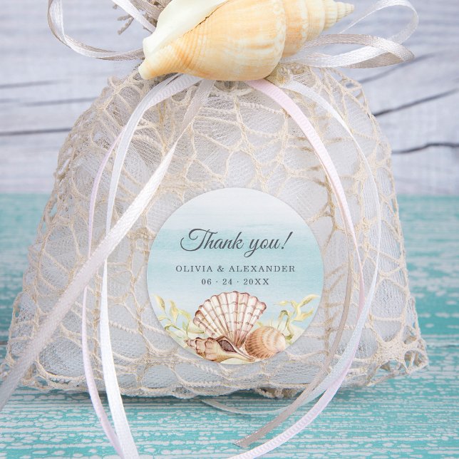 Beach Ocean Watercolor Thank You Wedding Classic Round Sticker (Creator Uploaded)