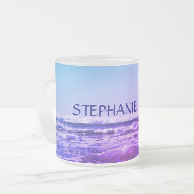 Beach Ocean Wave Monogrammed Name Water Pink Ombre Frosted Glass Coffee Mug (Front Left)