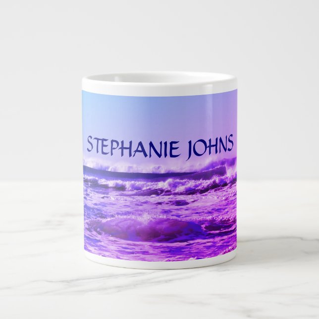 Beach Ocean Wave Monogrammed Name Water Pink Ombre Large Coffee Mug (Front)